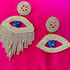 Fabulous gold rhinestone evil eye mismatched earrings